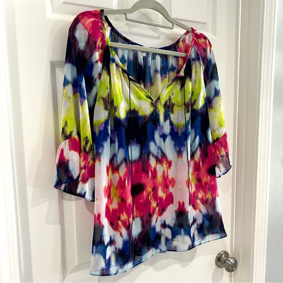 Milly Sheer Colorful Tie Dye Watercolor Blouse Sz XL Peasant Boho Flounce Ties - Picture 3 of 10